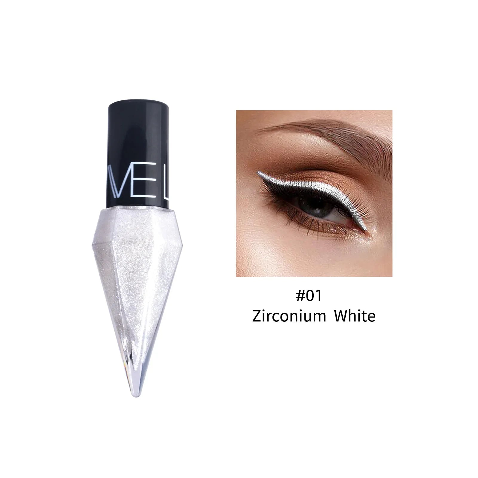 Close-up of dramatic winged eye makeup using #01 Zirconium White eyeliner with ger m-tip applicator