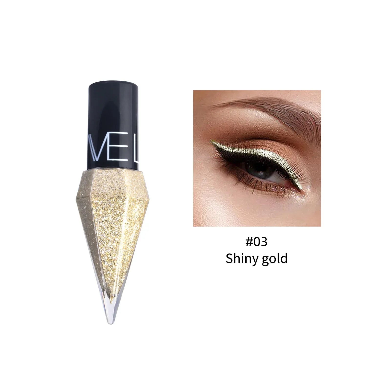 Close-up of dramatic winged eye makeup using #03 Shiny Gold eyeliner with gem-tip applicator