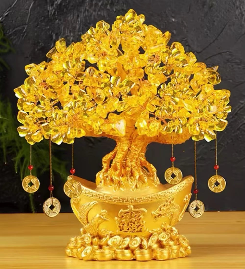 Lucky Tree Wealth Yellow Crystal Natural Money Ornaments Bonsai Style Luck Feng Shui Craft Citrine Tree for Bringing Wealth True
