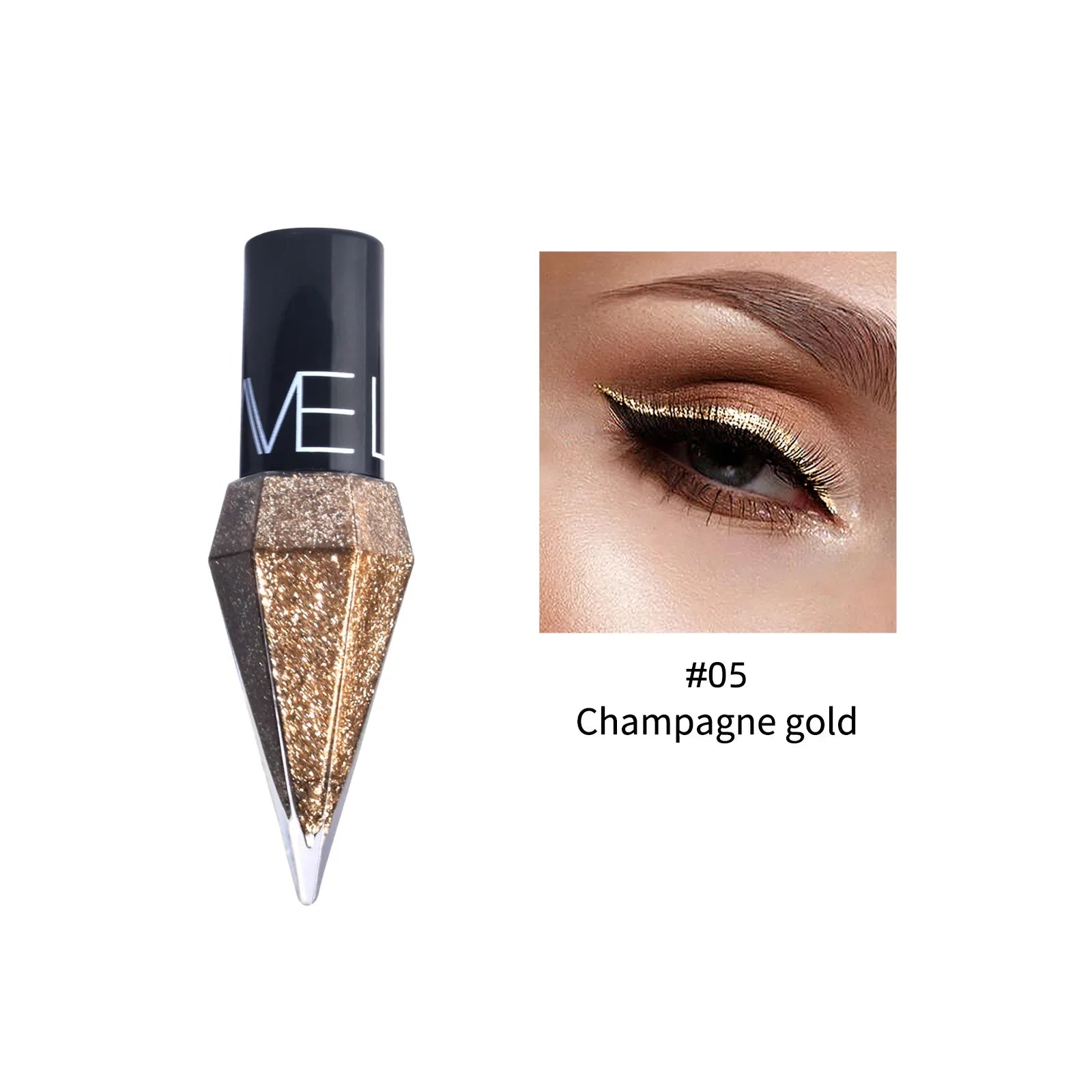 Close-up of dramatic winged eye makeup using #05 Champagne Gold eyeliner with gem-tip applicator