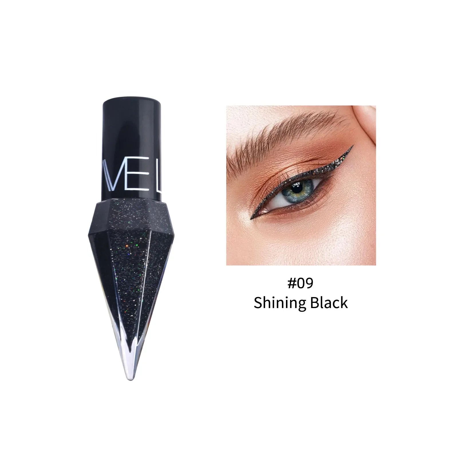 Close-up of dramatic winged eye makeup using #09 Shining Black eyeliner with gem-tip applicator