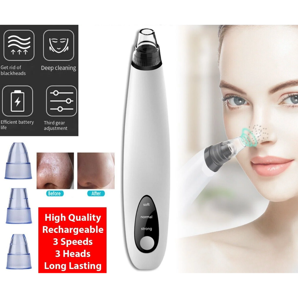 Skin care device with attachments and a woman using it, featuring text on benefits and features.