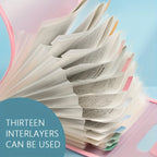 Accordion-style A4 file organizer with 13 compartments, translucent dividers, and colored tabs; features a pink zipper and soft blue background, ideal for organizing documents for students and professionals.