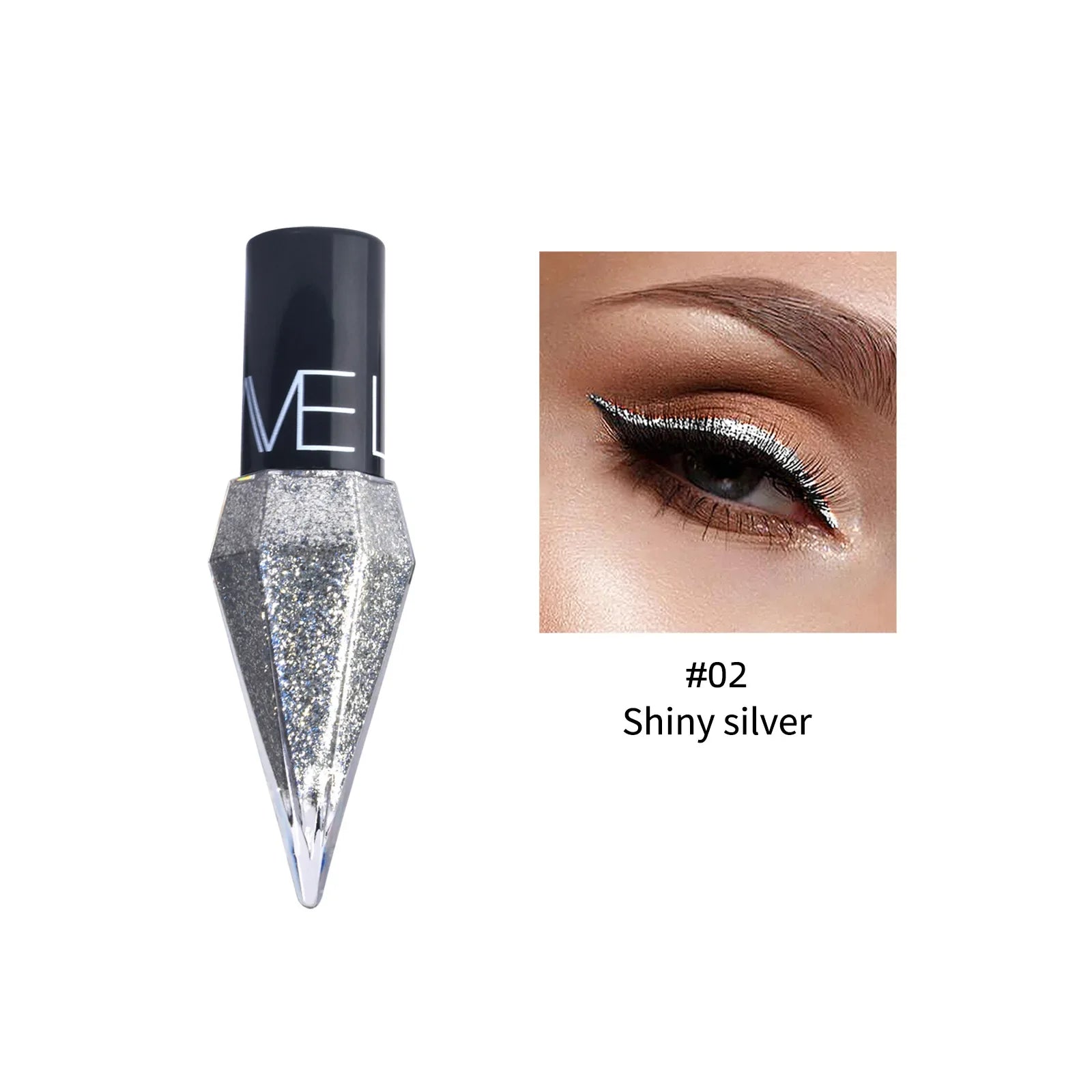 Close-up of dramatic winged eye makeup using #02 Shiny Silver eyeliner with gem-tip applicator