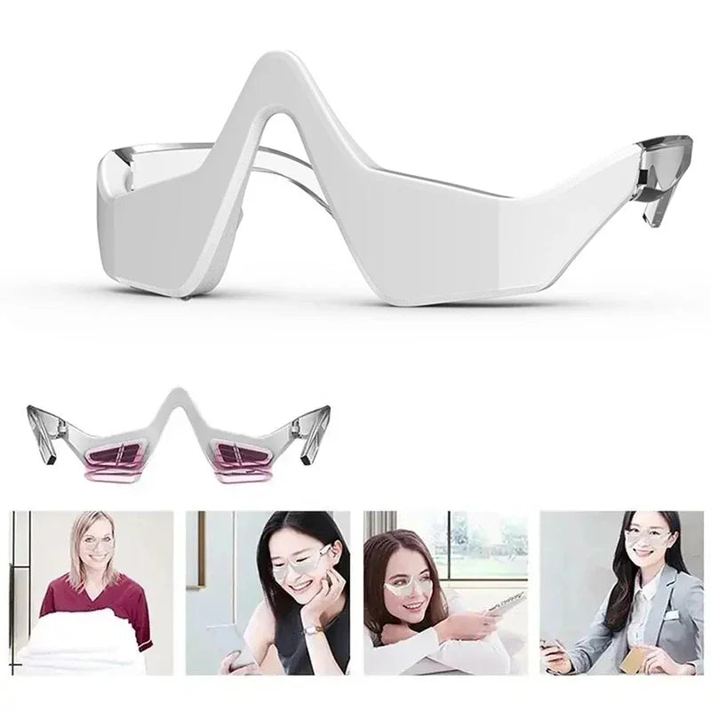 Women using 3D EMS red light eye massager glasses for dark circles, puffiness, and eye fatigue relief during daily activities