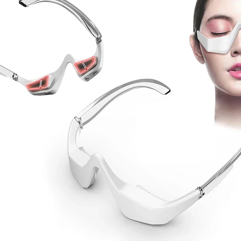Woman using 3D red light EMS eye massager glasses for dark circles and eye fatigue relief with close-up view of wearable device