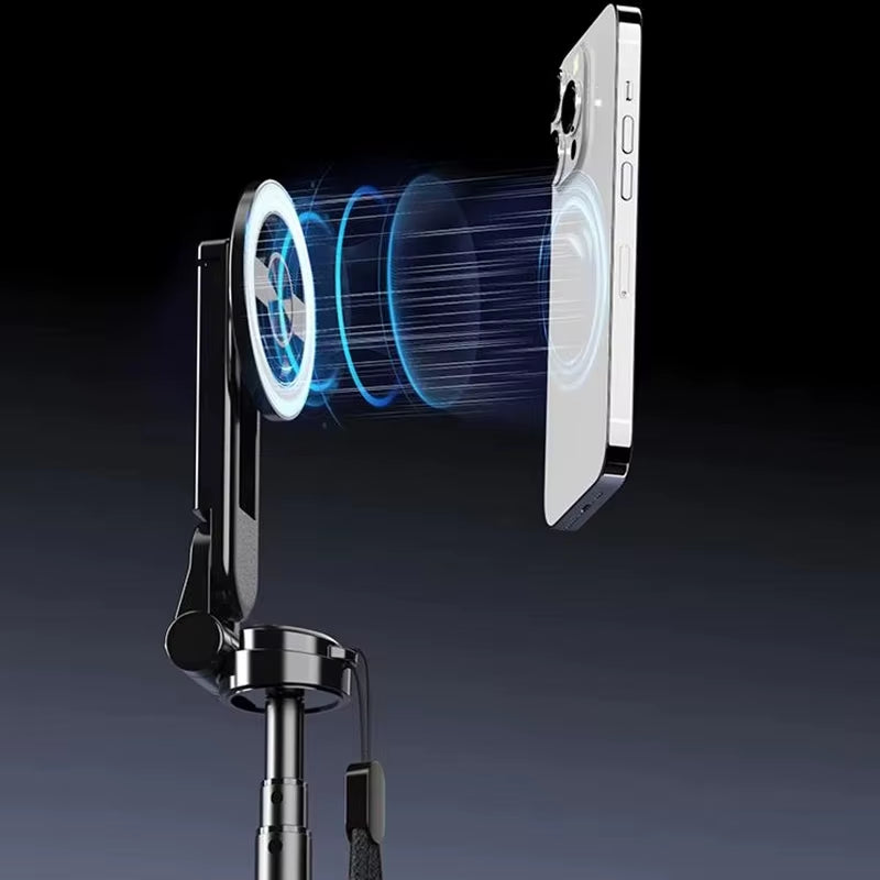 Smartphone mounted vertically on magnetic holder with telescopic stand—blue visual effects highlight secure grip and wireless charging capability for hands-free use