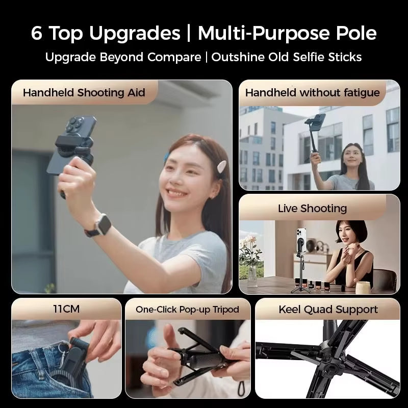 4-In-1-magnetic-selfie tripod with six upgrades—features handheld shooting aid, fatigue-free grip, live streaming setup, compact 11cm size, one-click tripod, and stable keel quad support
