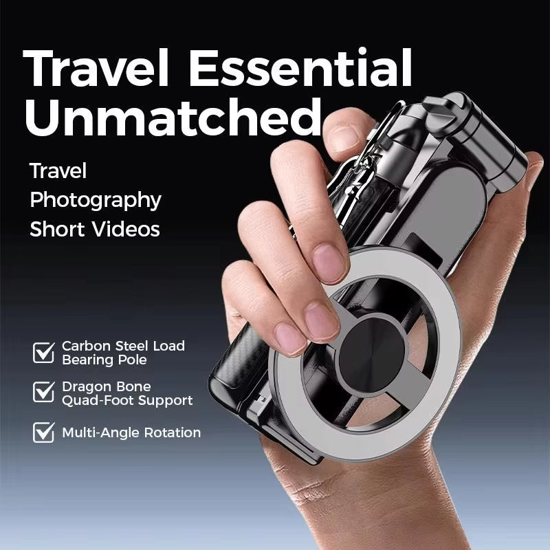 Compact magnetic mini tripod with carbon steel pole and quad-foot support—held in hand for travel, photography, and short video creation