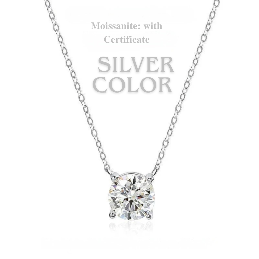 Classic Four Claws Moissanite Necklace - Certified, D-Color, VVS1, Sterling Silver 925 Chain