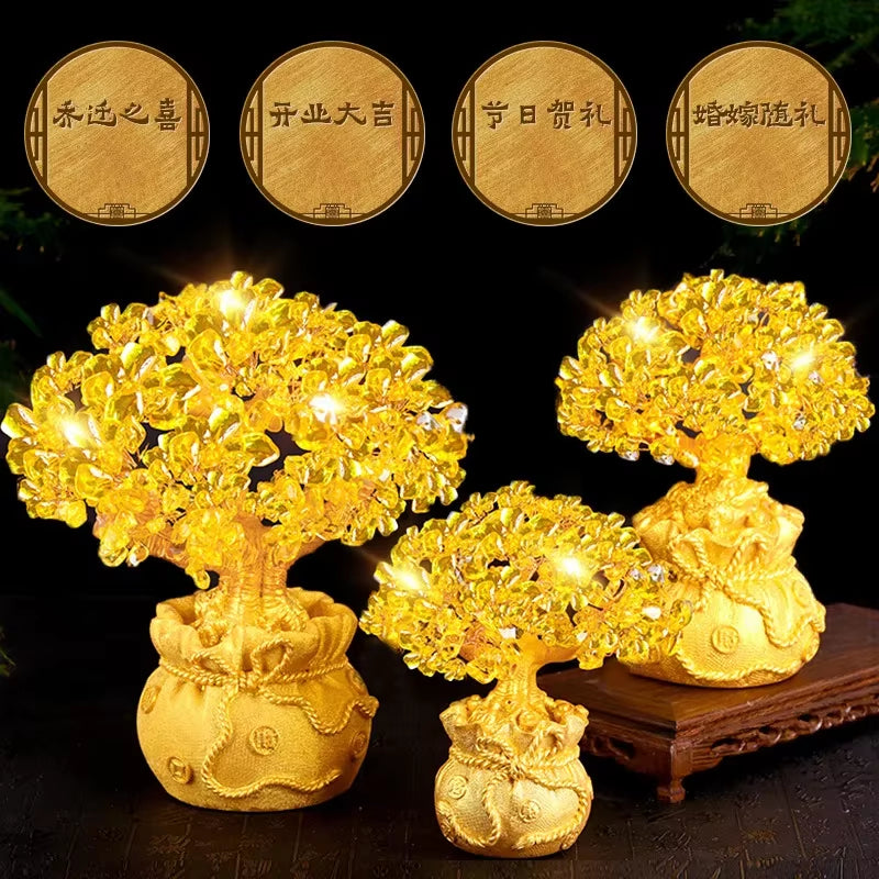 Lucky Tree Wealth Yellow Crystal Natural Money Ornaments Bonsai Style Luck Feng Shui Craft Citrine Tree for Bringing Wealth True