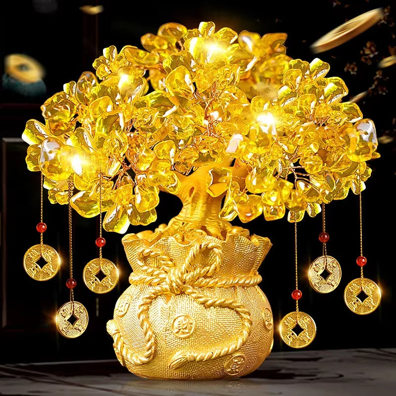 Lucky Tree Wealth Yellow Crystal Natural Money Ornaments Bonsai Style Luck Feng Shui Craft Citrine Tree for Bringing Wealth True
