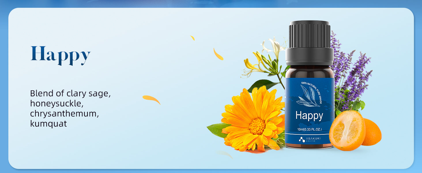 ASAKUKI Happy essential oil blend with clary sage, honeysuckle, kumquat, and chrysanthemum—uplifting aromatherapy for joyful moods
