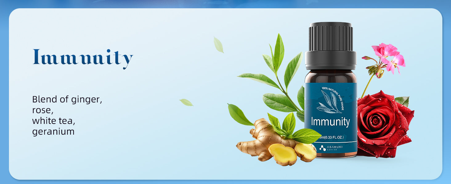ASAKUKI Immunity essential oil blend with ginger, rose, white tea, and geranium—natural aromatherapy for wellness and immune support