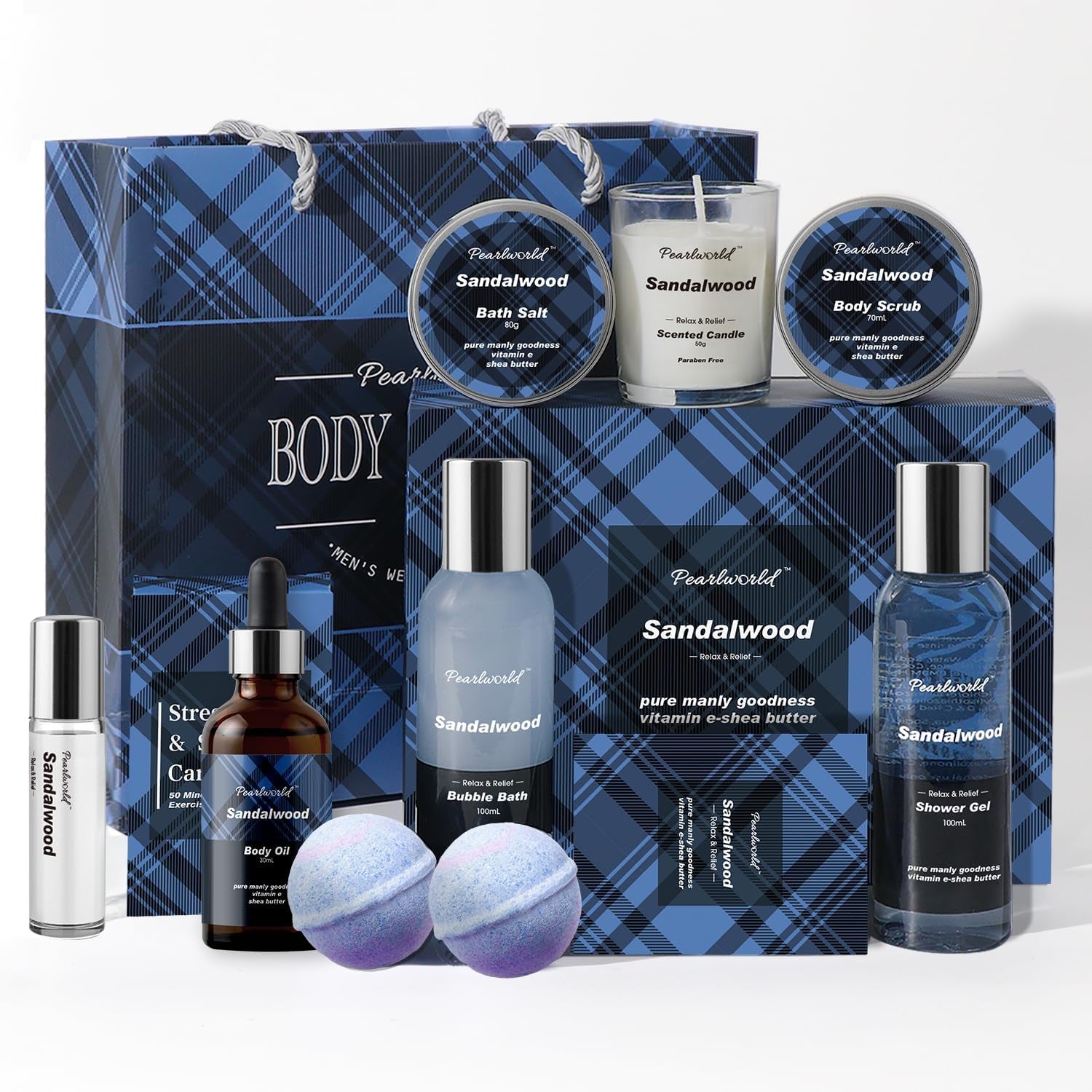 PEARLWORLD men’s sandalwood spa gift set—includes bubble bath, shower gel, body oil, scrub, bath salt, candle, spray, and bath bombs in blue plaid gift bag