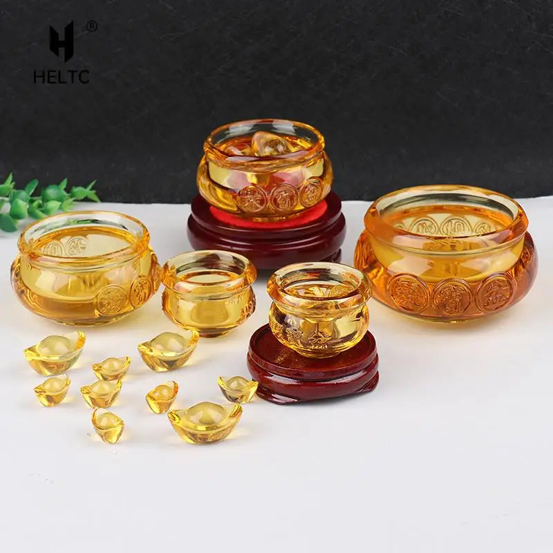 Crystal Cornucopia Chinese Crystal Gold Ingot Glass Yellow Fortune Cornucopia Treasure Bowl Feng Shui Statue Crafts Decoration