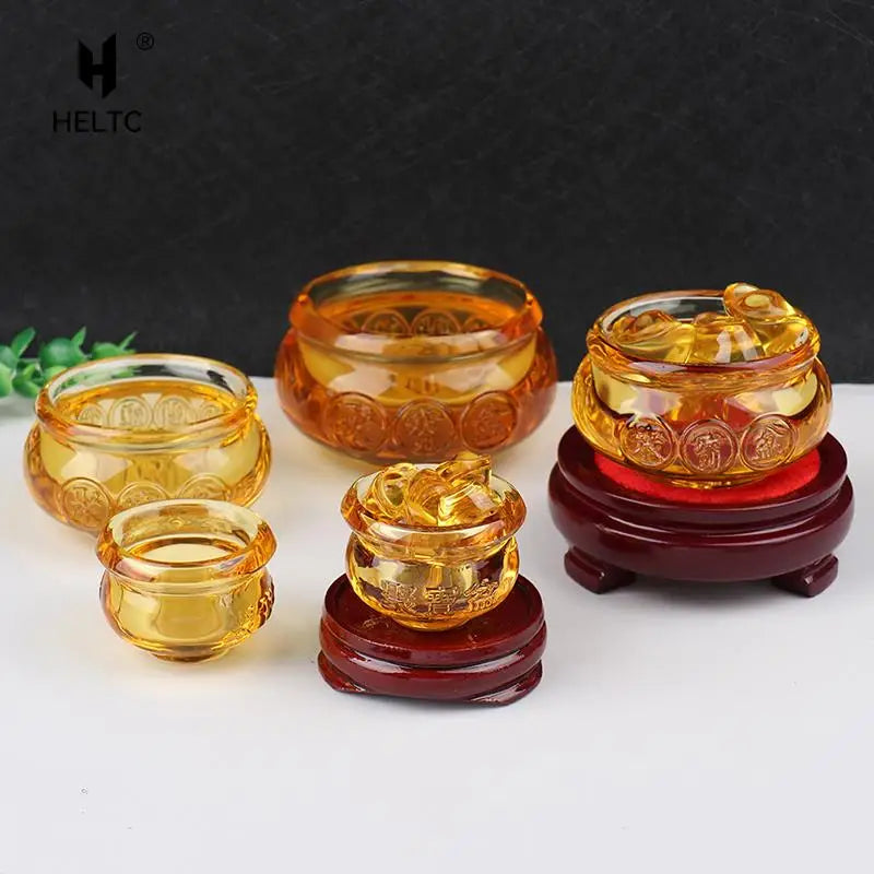 Crystal Cornucopia Chinese Crystal Gold Ingot Glass Yellow Fortune Cornucopia Treasure Bowl Feng Shui Statue Crafts Decoration