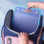 Blue and purple A4 document folder with handle being placed into a pink and blue backpack; designed for secure, portable organization of papers, ideal for students and professionals on the go.