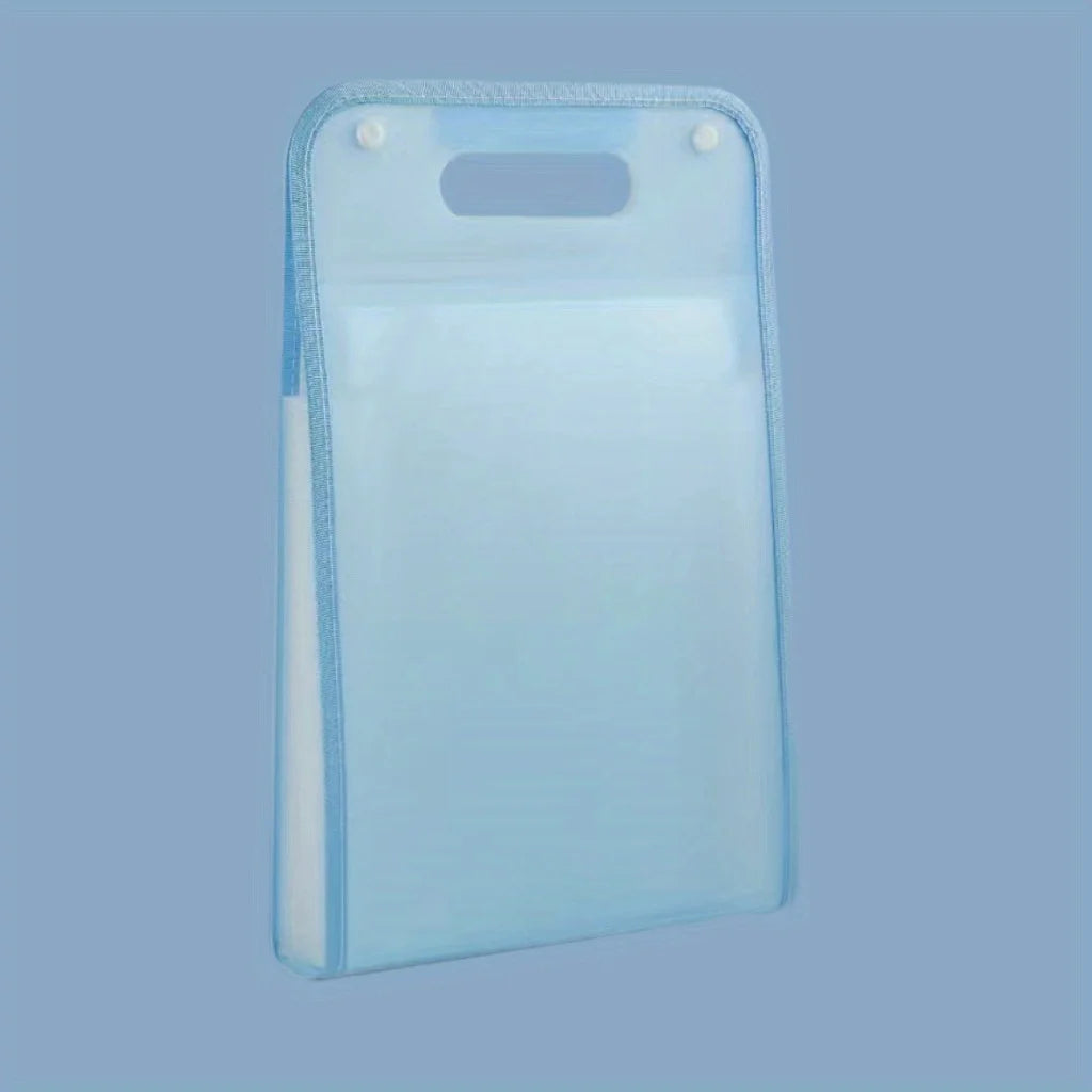 Translucent blue A4 document organizer with built-in handle and dual white snap buttons; features reinforced edges and upright design for portable, secure storage of papers and office materials.