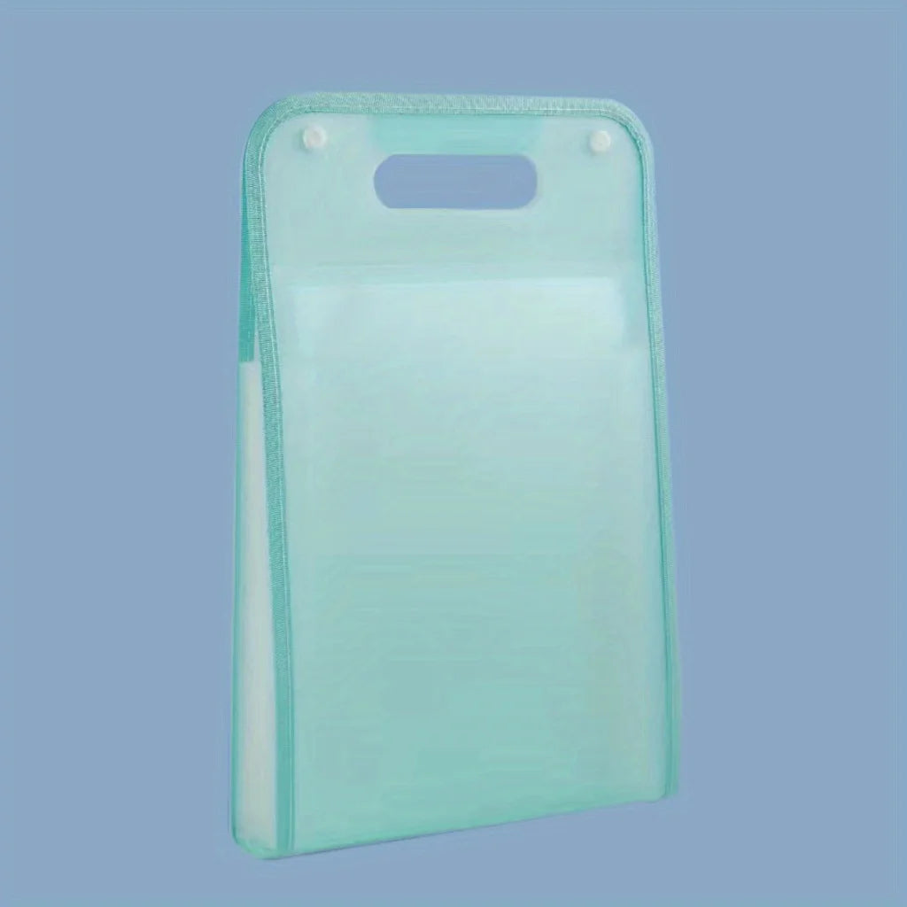 Translucent green A4 document organizer with built-in handle and dual white snap buttons; features reinforced edges and upright design for portable, secure storage of papers and office materials.