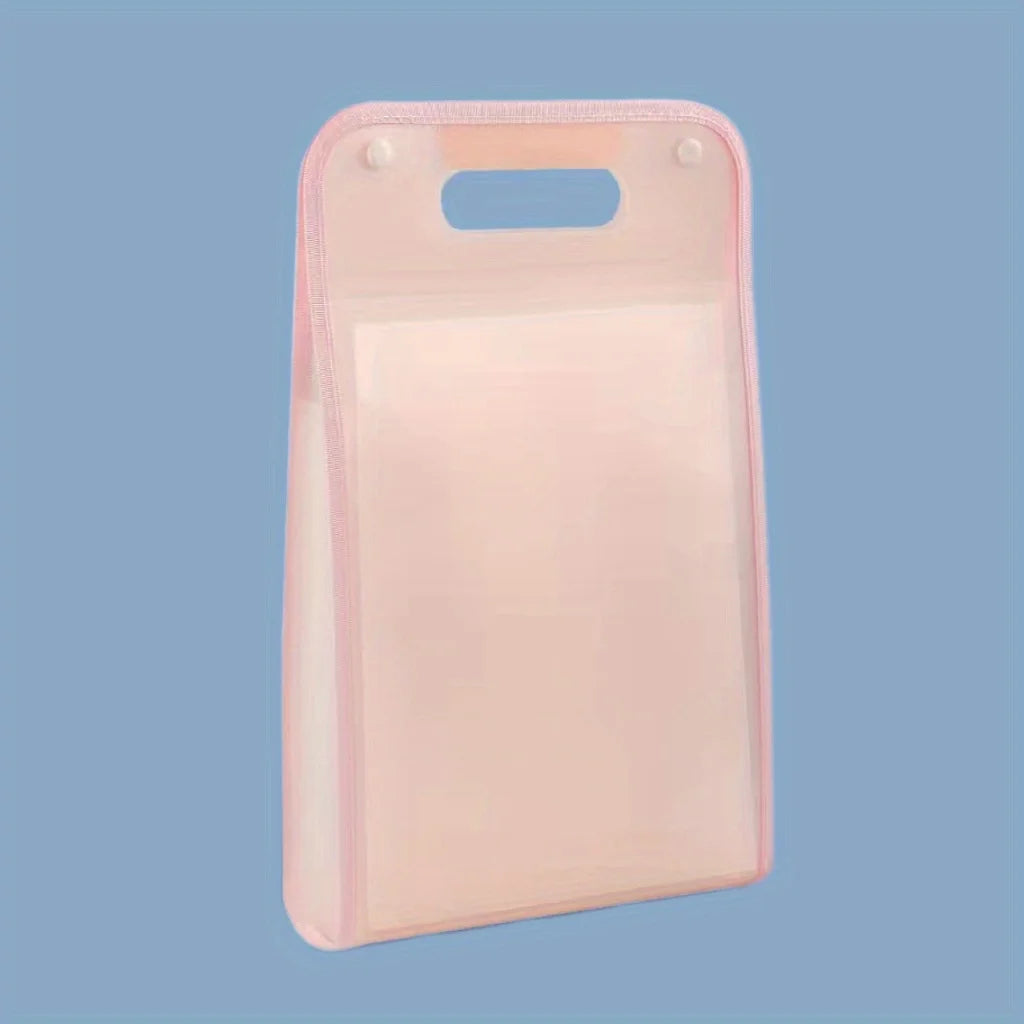 Translucent pink A4 document organizer with built-in handle and dual white snap buttons; features reinforced edges and upright design for portable, secure storage of papers and office materials.