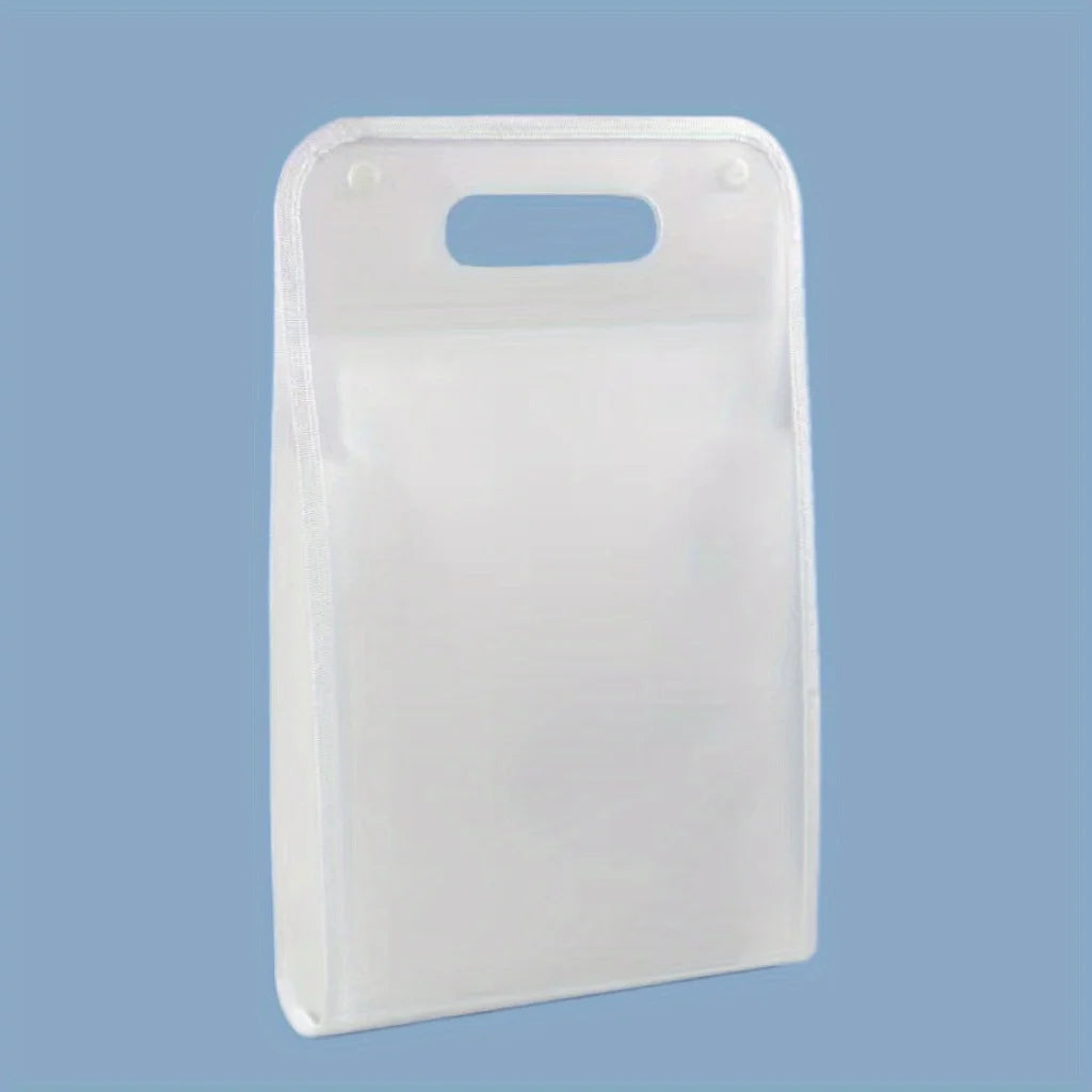 Translucent white A4 document organizer with built-in handle and dual white snap buttons; features reinforced edges and upright design for portable, secure storage of papers and office materials.