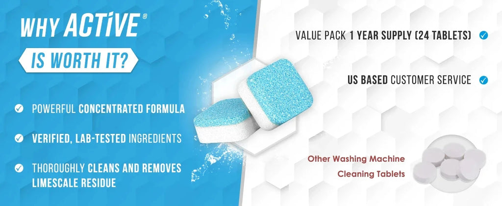 Promotional image for Active washing machine cleaner tablets showing product benefits like limescale removal, verified ingredients; includes visual comparison with other tablets and highlights US-based customer service.