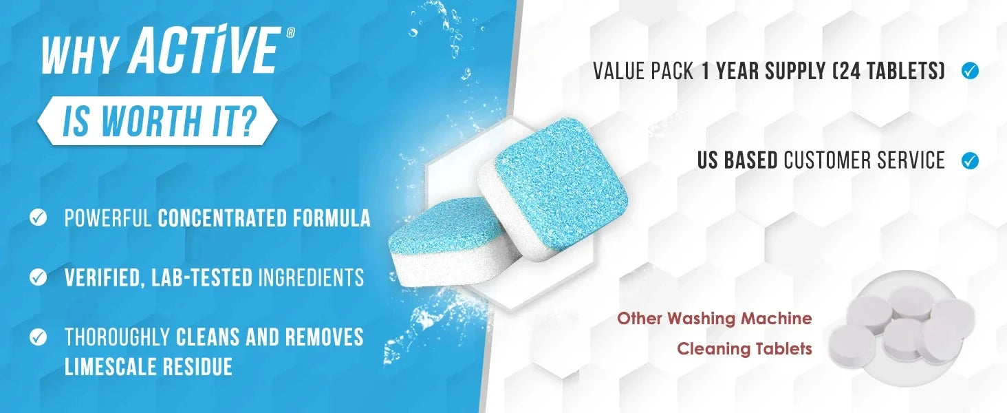 Promotional image for Active washing machine cleaner tablets showing product benefits like limescale removal, verified ingredients; includes visual comparison with other tablets and highlights US-based customer service.