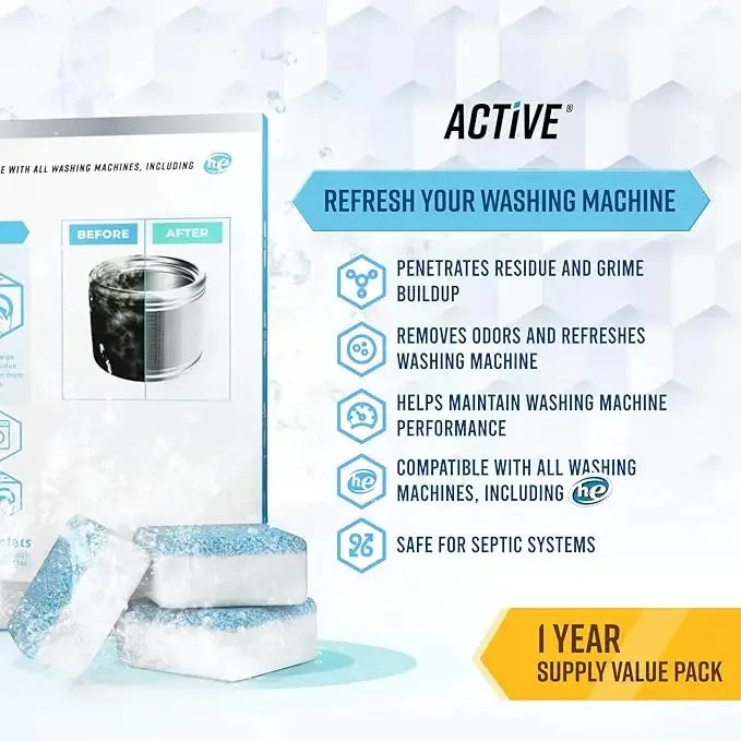 Promotional image for Active washing machine cleaner tablets showing before-and-after drum comparison, highlighting benefits like grime removal, odor elimination, performance boost, and compatibility with all machines including HE and septic-safe systems.