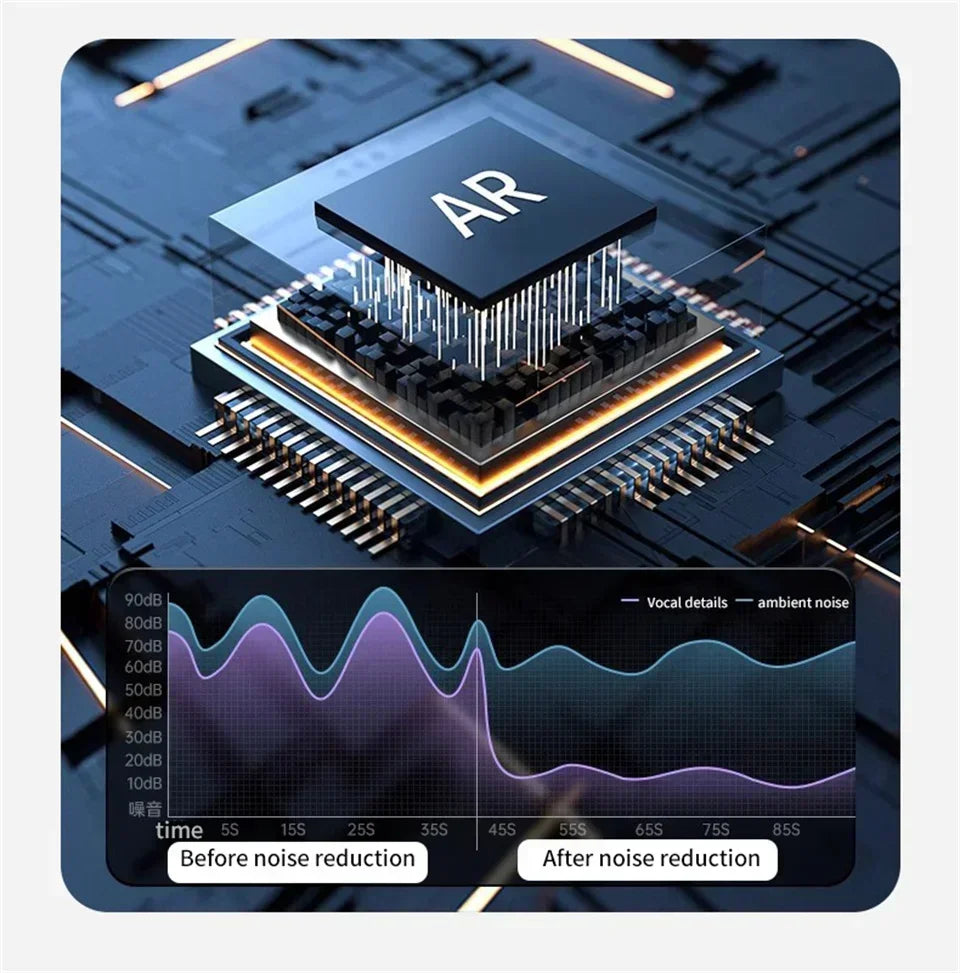 Promotional image showing AR chip and audio signal graph—demonstrates dual noise reduction technology for karaoke speakers with enhanced vocal clarity and reduced ambient noise