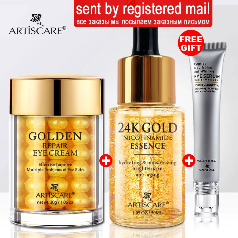 ARTISCARE skincare bundle featuring Golden Repair Eye Cream, 24K Gold Nicotinamide Essence, and Peptide Anti-Wrinkle Eye Serum with free gift promotion