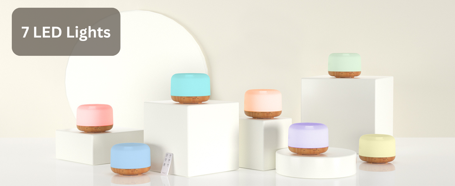 ASAKUKI 7 LED light diffuser display—colorful mood lighting options with wood base for aromatherapy ambiance and home decor