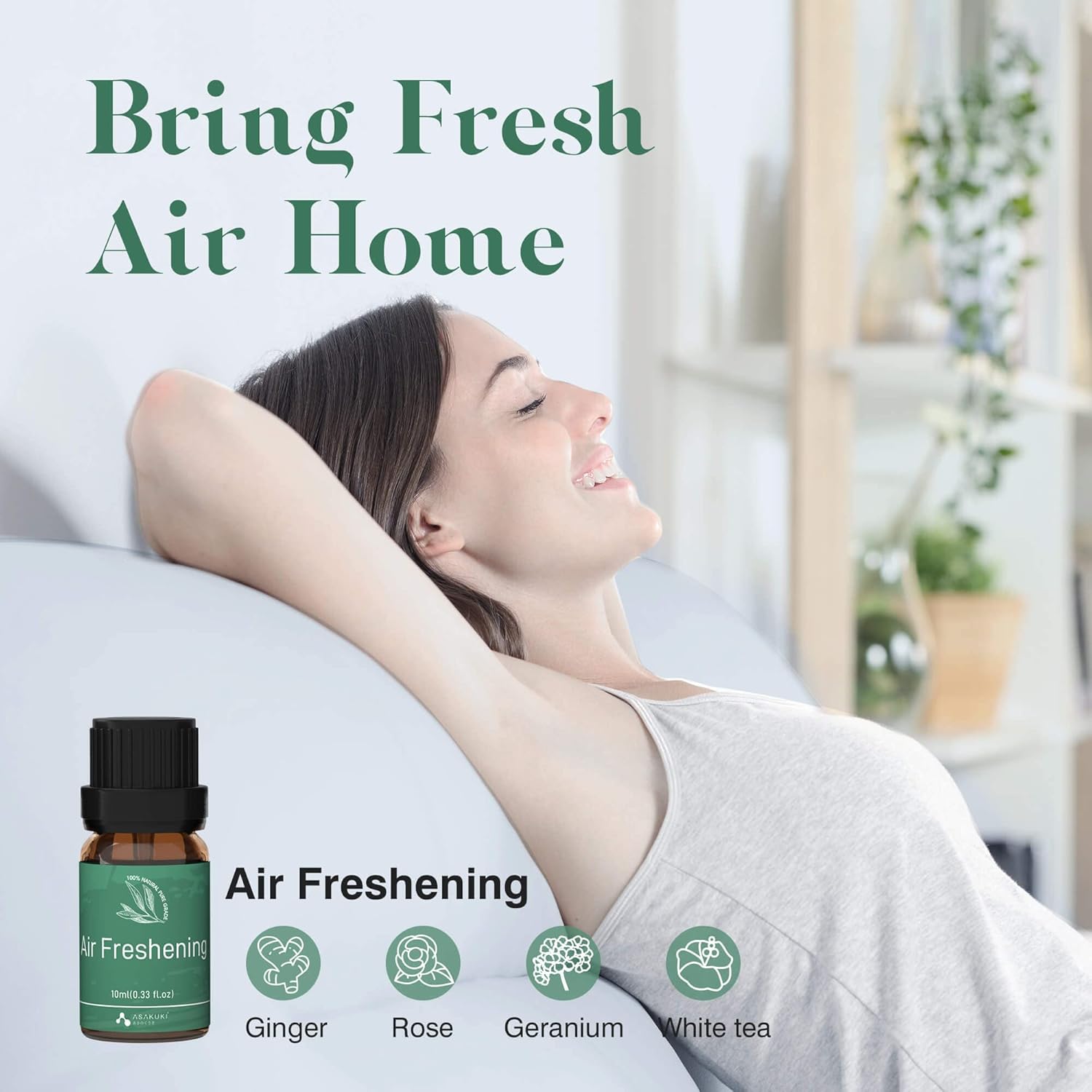 ASAKUKI Air Freshening essential oil blend with ginger, rose, white tea, and geranium—natural aromatherapy for a clean, uplifting home atmosphere