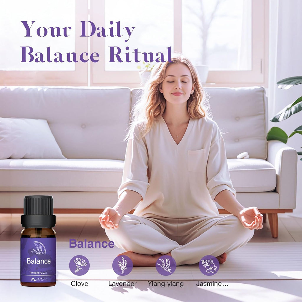 ASAKUKI Balance essential oil blend—woman meditating in serene living room with ingredients clove, lavender, ylang-ylang, and jasmine for emotional grounding