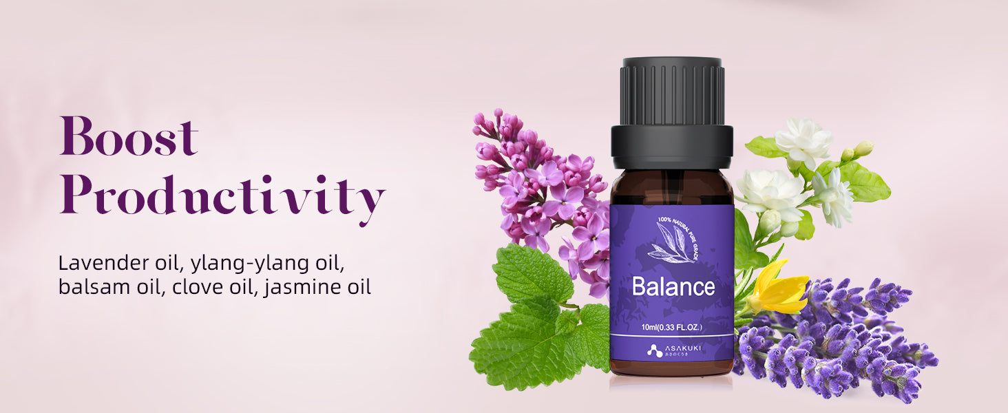 ASAKUKI Balance essential oil blend—amber bottle with lavender, ylang-ylang, clove, jasmine, and balsam for focus and emotional clarity