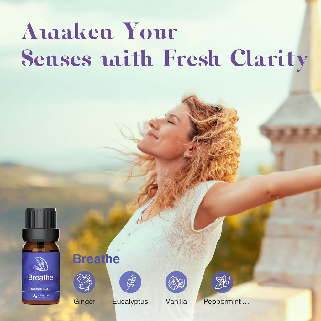 ASAKUKI Breathe essential oil blend—woman outdoors enjoying fresh air with ingredients ginger, eucalyptus, vanilla, and peppermint for clarity and wellness