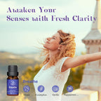 ASAKUKI Breathe essential oil blend—woman outdoors enjoying fresh air with ingredients ginger, eucalyptus, vanilla, and peppermint for clarity and wellness