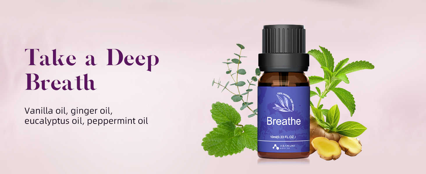 ASAKUKI Breathe essential oil blend—amber bottle with vanilla, ginger, eucalyptus, and peppermint ingredients for deep breathing and natural relaxation