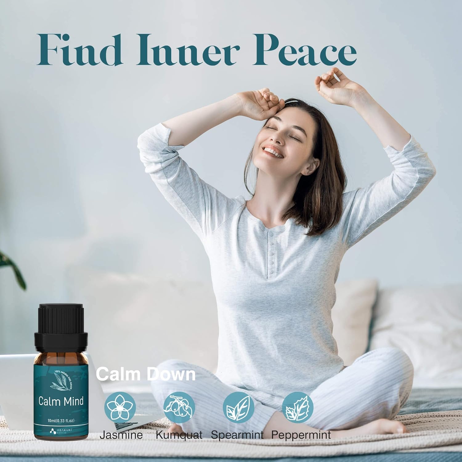 ASAKUKI Calm Mind essential oil blend with jasmine, kumquat, spearmint, and peppermint—shown in serene lifestyle setting promoting inner peace and relaxation