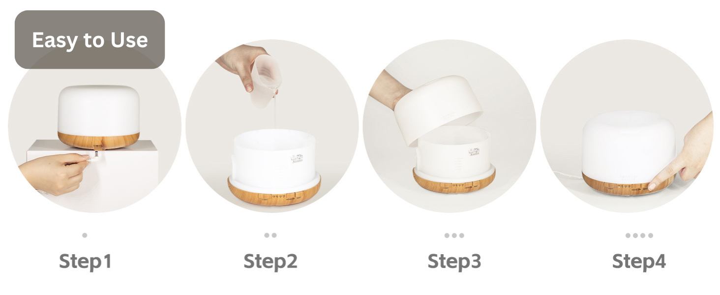 ASAKUKI diffuser setup guide—4 easy steps to plug in, fill with water, cover, and activate for effortless aromatherapy