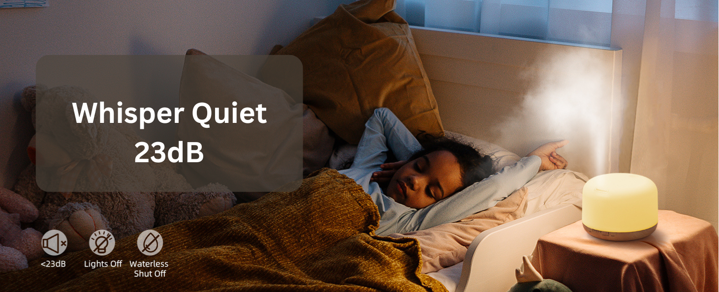 ASAKUKI diffuser in child’s bedroom—whisper quiet 23dB mist with lights-off and waterless shut-off for safe, peaceful sleep