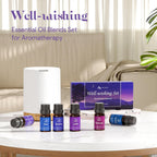 ASAKUKI Well-wishing Set with 6 essential oil blends and white diffuser—Rest, Breathe, Uplift, Sensual—displayed in calming home setting with Zen Breeze Serenity packaging