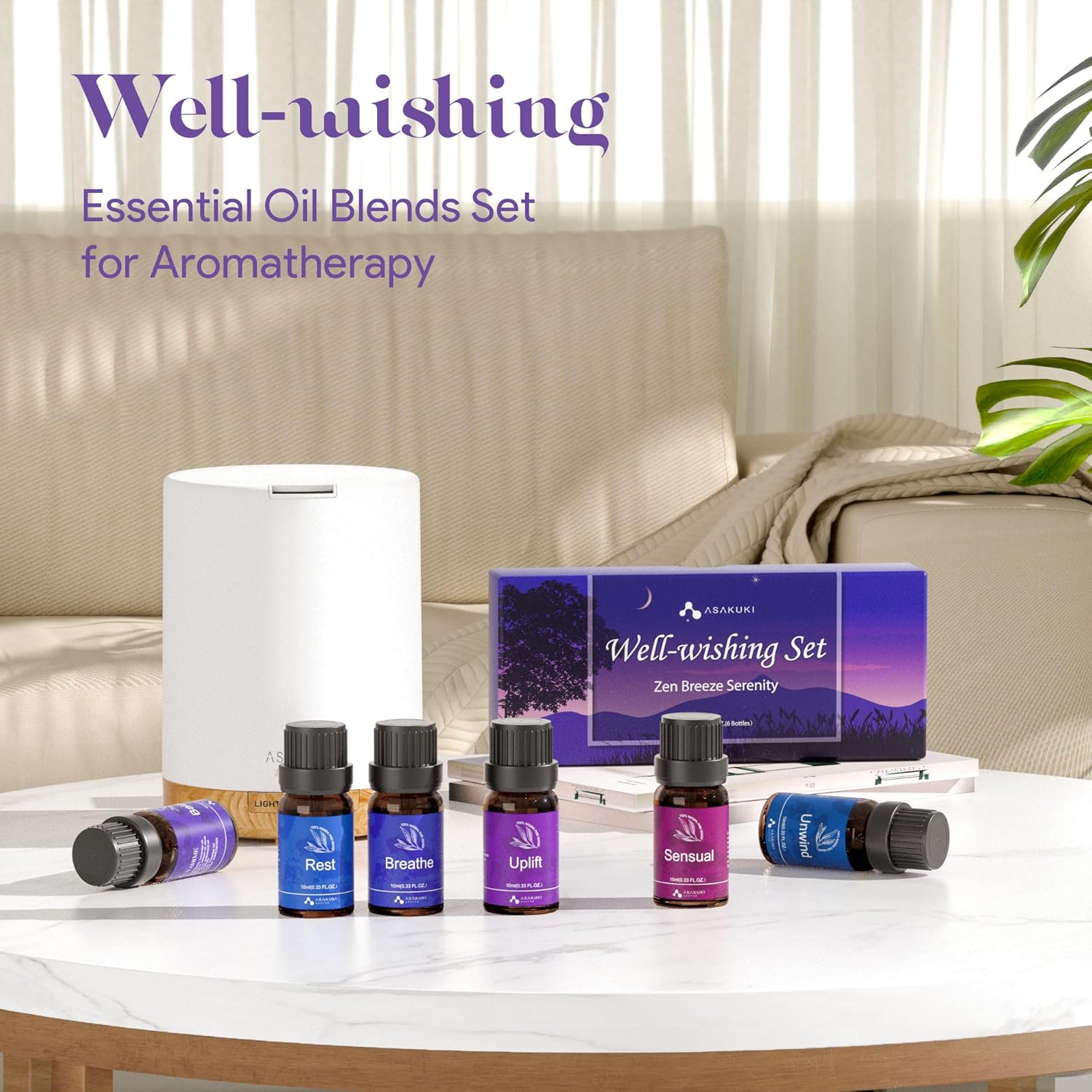 ASAKUKI Well-wishing Set with 6 essential oil blends and white diffuser—Rest, Breathe, Uplift, Sensual—displayed in calming home setting with Zen Breeze Serenity packaging
