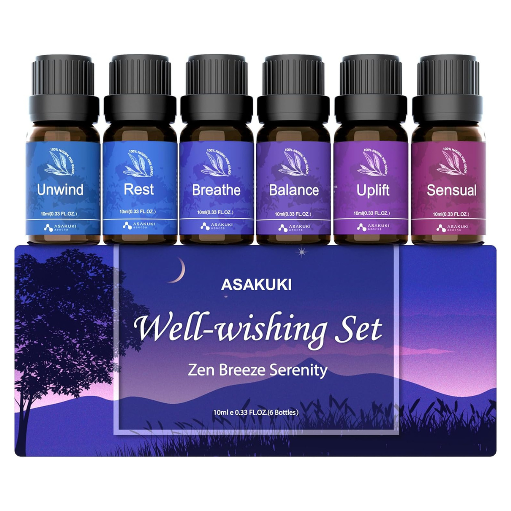 ASAKUKI Well-wishing Set of 6 essential oil blends—Unwind, Rest, Breathe, Balance, Uplift, Sensual—10ml bottles with calming night-themed packaging