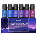 ASAKUKI Well-wishing Set of 6 essential oil blends—Unwind, Rest, Breathe, Balance, Uplift, Sensual—10ml bottles with calming night-themed packaging