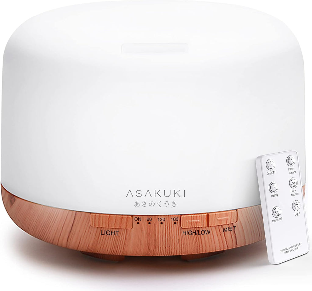 ASAKUKI essential oil diffuser with remote—white top, wood grain base, and timer settings for mist, light, and fragrance control