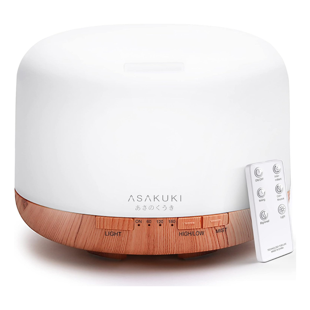 ASAKUKI essential oil diffuser with remote—white top, wood grain base, and timer settings for mist, light, and fragrance control