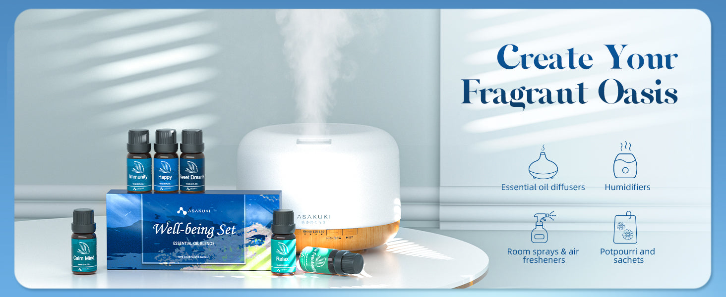 ASAKUKI diffuser with essential oil blends—Calm Mind, Sleep Ease, Head Ease, Mental Clarity—promotes a fragrant oasis for home wellness