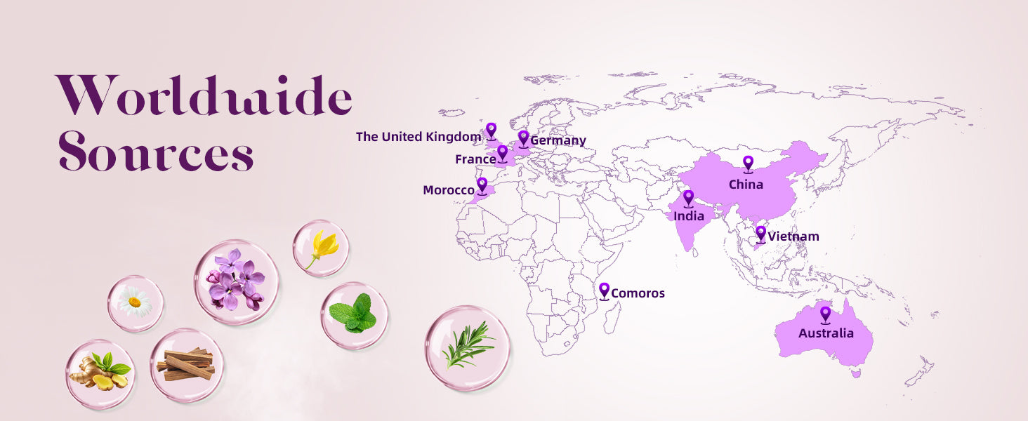 ASAKUKI global sourcing map highlighting natural ingredient origins from UK, France, Germany, Morocco, Comoros, India, China, Vietnam, and Australia