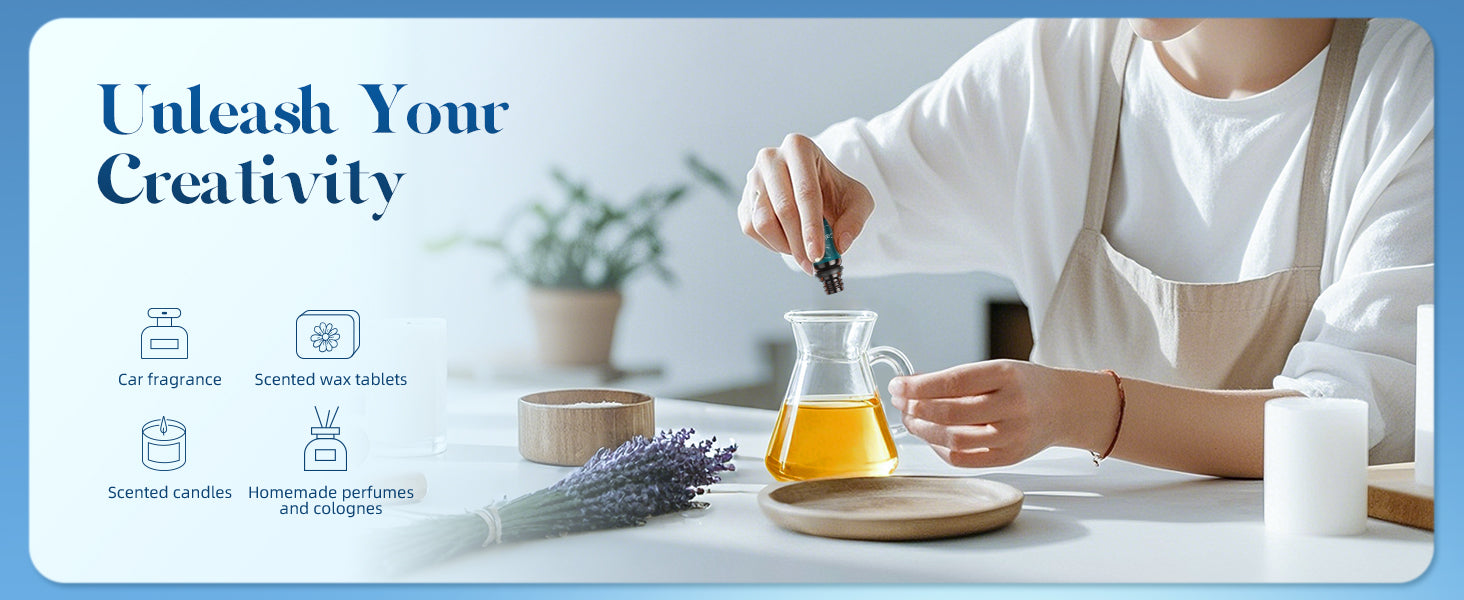 ASAKUKI essential oils used for DIY perfume, candles, wax tablets, and car fragrance—shown in serene workspace with lavender and candle